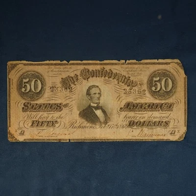 1864 Confederate States of America $50 Note Richmond S/N 23362- Free Ship USA - Image 1 of 3