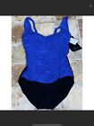 Aqua Green Sapphire Blue & Black Runched One Piece Modest Swimsuit Small