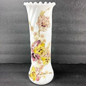 Antique Victorian Hand Painted Pansies Milk White Glass Twist Vase Purple Yellow - Picture 1 of 11