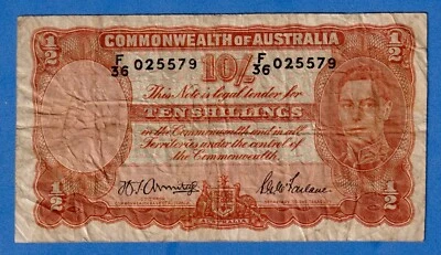 Australia 10 Shillings 1939-52 P-25b  King George VI Circulated Note F36 025579 - Image 1 of 3