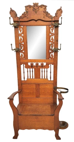 American Oak Hall Seat / Hall Tree With Hooks, Mirror, & Storage Bench Cover