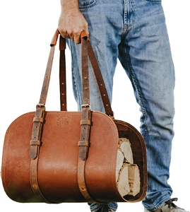 Premium Buffalo Leather Log Carrier, Luxury Handcrafted Firewood Carrier, Heavy- - Picture 1 of 12