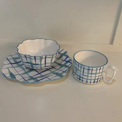 Bonjour ANTHROPOLOGIE HILDE Plaid Scallop bowl Plate & Mug Blue White Green - Image 1 of 4