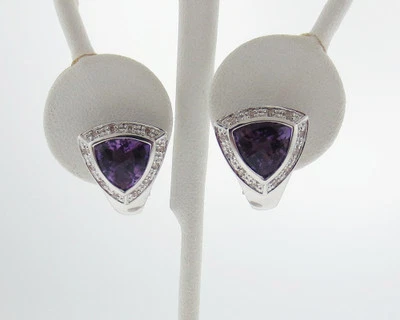 Natural Trillion Amethyst Diamonds Solid 14k White Gold Omega Back Earrings - Image 1 of 4