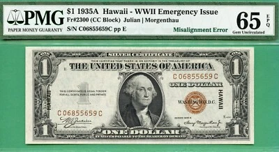 ERROR MISALIGNMENT - HAWAII 1935A $1 SC - PMG GEM 65 EPQ - Fr 2300 CC block - Image 1 of 2