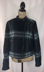 GAP Womens Warm Wool Blend Plaid Moto Fall Jacket Green Navy Size Large - Picture 1 of 8