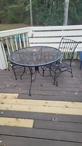 Black Vintage Wrought Iron Patio Furniture Set Table 2 Spring Chairs - Picture 1 of 5