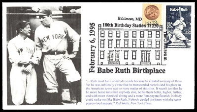 1995 Babe Ruth Birthplace 100th Anniversary FDC Stamp Variety S&T Cachet - Image 1 of 2
