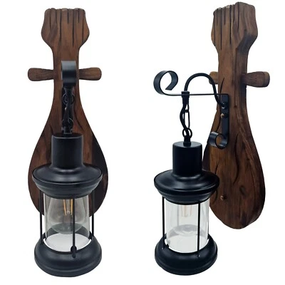 Lampada applique da parete vintage lanterna metallo legno per lampadina E27 - Immagine 1 di 4