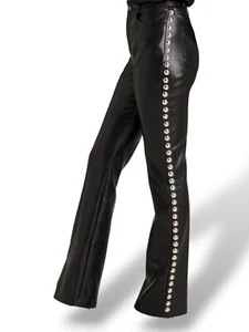 Women's Curved Leather Soft Lambskin 5 Pockets Pant With Sliver Studded - Picture 1 of 4