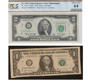 Match bill 1$ & $2 Rare 4 Digit Star number 00005443* PCGS 64🔥 - Picture 1 of 4