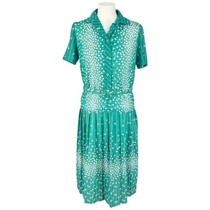 Dress 14 Women's Green Polyester Vintage 1980s Flower Dress Retro Belt - Picture 1 of 12