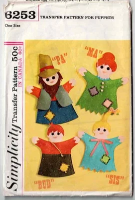 Hillbilly Hand Puppet Transfer Pattern Ma & Pa Bud & Sis Simplicity 6253 1960's - Image 1 of 2
