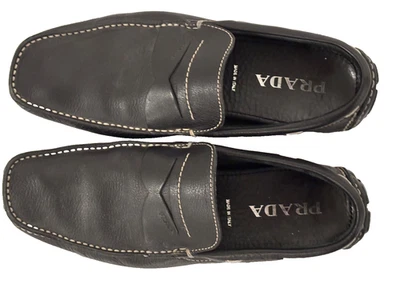 PRADA black pebbled leather driver moccasin (white stitching) 8.5 IT (9.5 US) - Image 1 of 4