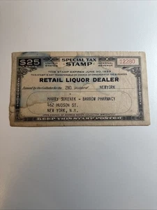 Special Tax Stamp - Retail Liquor Dealer - FYE 1933 - US Revenue - Picture 1 of 2