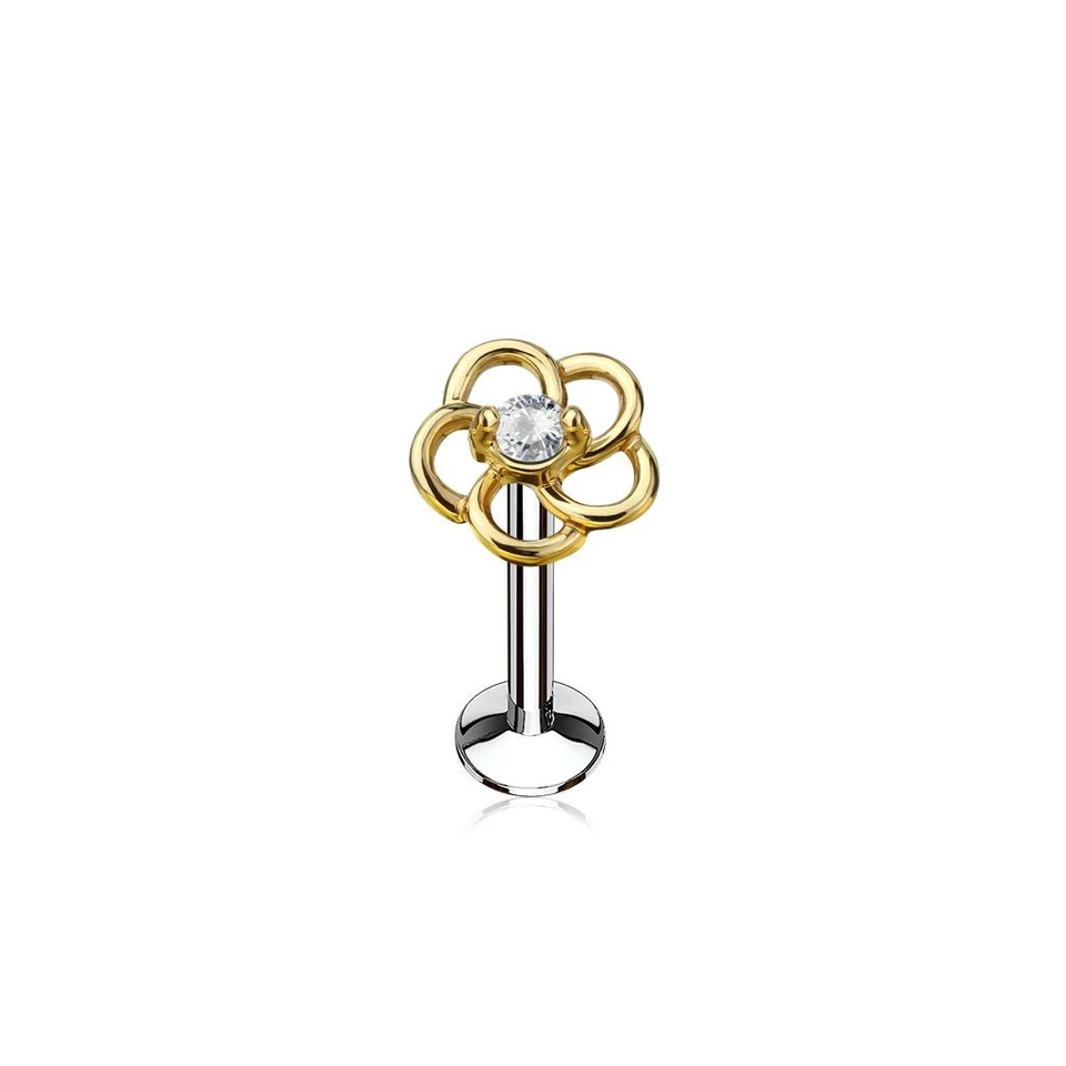 Piercing Ohr Labret Lippe Blume Golden Strasssteine Weiß - Bild 1 von 1
