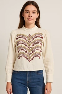 Anthropologie Meadow Rue bestickte Bluse elfenbeinfarben Blumen Folk Bauerntop US 4 - Bild 1 von 5