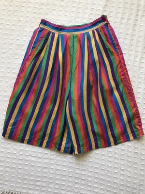 Pantalones Cortos Mujer De Colección Años 80 Para Ella 100% Seda Rayas Talla M Bermudas Plisadas Cremallera Elástica Foto 1 de 4