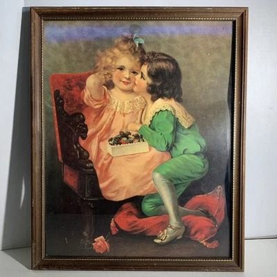Impresión artística enmarcada alemana victoriana vintage niños compartiendo golosinas con un beso Foto 1 de 4