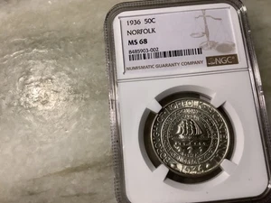 1936 Silver Norfolk Commemorative Half Dollar MS68 - Picture 1 of 3