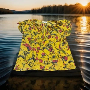 Rose Olive Flutter Sleeve Peacock Yellow Top New Women’s Size Small Pink Floral - Picture 1 of 6