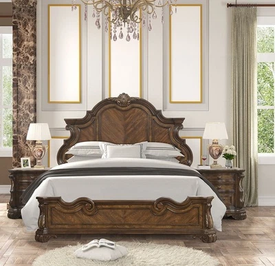 Bombay Headboard DesignEastern King Bed 3pc Bed 2x Nightstand Set Ornate Molding - Image 1 of 4