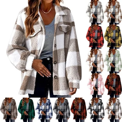 Women's Casual Winter Check Fleece Jacket Oversized Shacket Coats Plus Size 6-24 - Image 1 of 4
