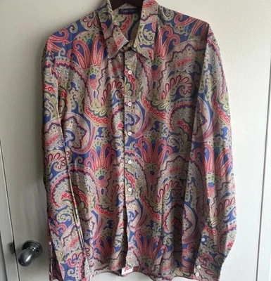 Camisa informal Ralph Lauren etiqueta púrpura azul y rojo cachemira EE. UU. 17 Foto 1 de 4