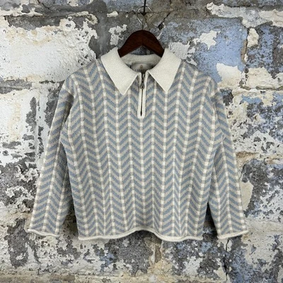 Suéter Pullover Vintage Express Tricot 1/4 Cremallera Chevron Tejido Azul Crema Para Mujer Foto 1 de 4