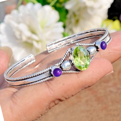 Faceted Peridot & Amethyst Gemstone 925 Sterling Silver 1st Meeting Gift Bangle - Image 1 of 4