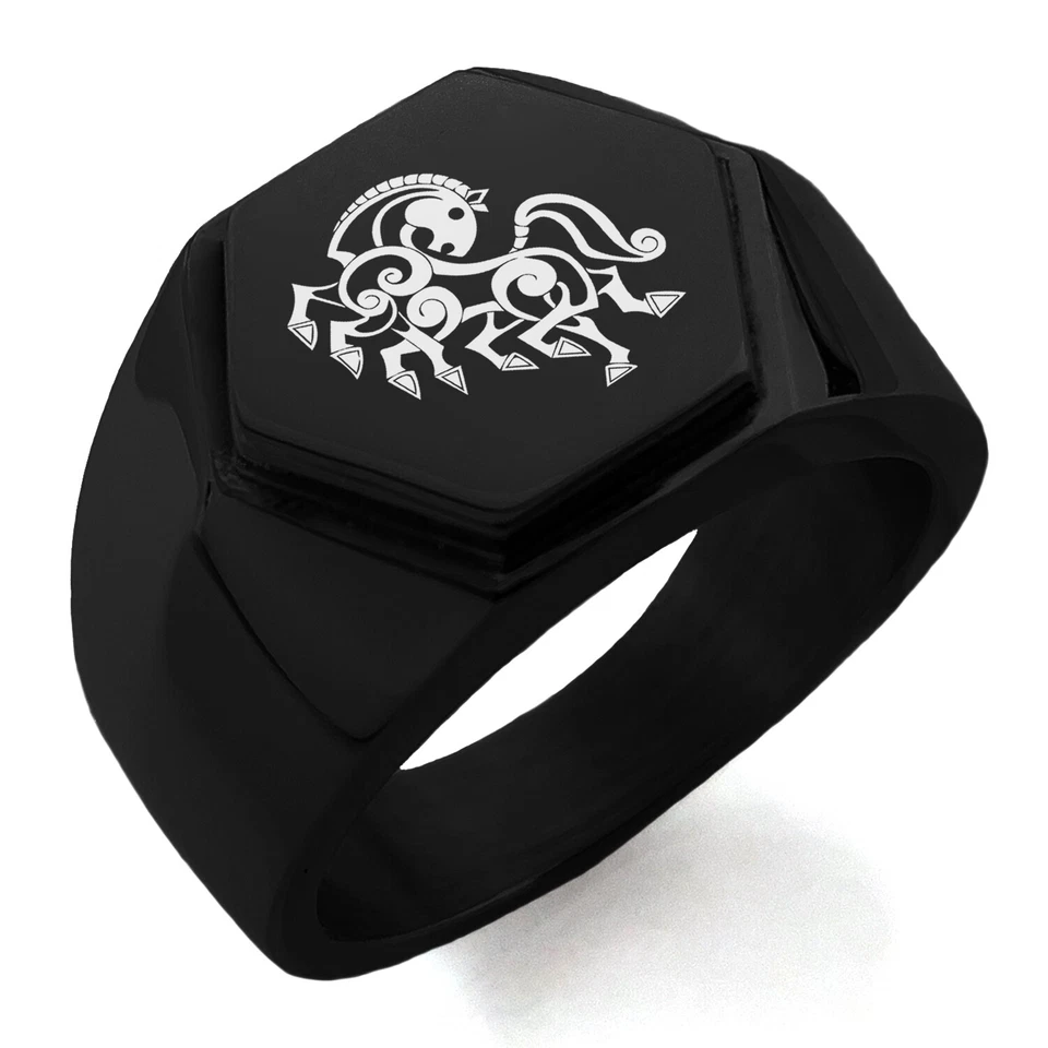 Stainless Steel Odin's Sleipnir Horse Symbol Mens Hexagon Crest Signet Ring - Image 1 of 1