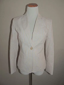 NWT WOMENS WILLI SMITH TAN/WHITE SEERSUCKER STRIPE COTTON 1 BUTTON BLAZER 2 - Picture 1 of 7
