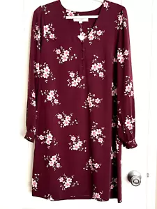 ANN TAYLOR LOFT Burgundy Floral Swing Button Long Sleeve Dress Sz 4 - Picture 1 of 3