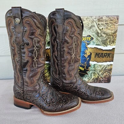 Bota de cuero occidental Tanner Mark estampada a mano marrón Fango Top para mujer talla 9 Foto 1 de 4