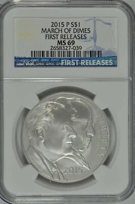 2015 P March of Dimes Uncirculated Silver Dollar NGC MS69 First Releases - Image 1 of 2