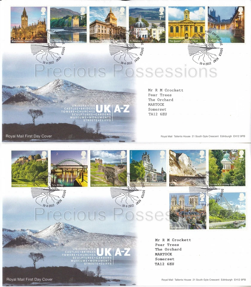 DOVER PMK GB ROYAL MAIL FDC 2012 A-Z A TO Z PART 2 PAIR OF COVERS M-Z STAMP SET - Image 1 of 1