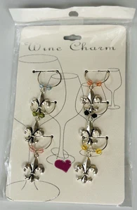 Set Of 6 Silver Tone Fleur De Lis Wine Glass Charms - Picture 1 of 3