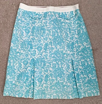 Oscar de la Renta Turquoise & White Floral Cotton Pleated Skirt, Lined, Size 8 - Image 1 of 4