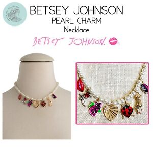 BETSEY JOHNSON Pearl Charm Necklace Ladybug, Lips, Flower & Cowboy Boot