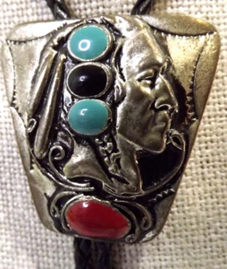 Indian Head Turquoise/ Coral Bolo Tie Black Braided Leather Rope Silver Tone Tip - Picture 1 of 9