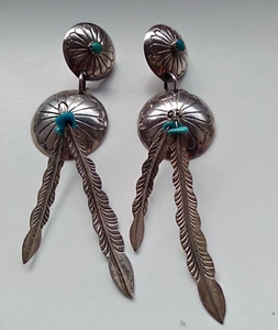 Navajo Indianer Schmuck Ohrringe Türkis Sterling Silber Feder XXL - Bild 1 von 12