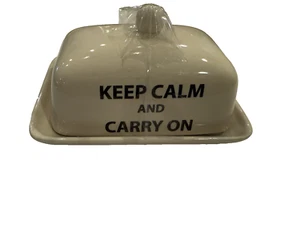 Old Pottery Co. Butter Dish Keep Calm and Carry On New Dbl Sized - Picture 1 of 5