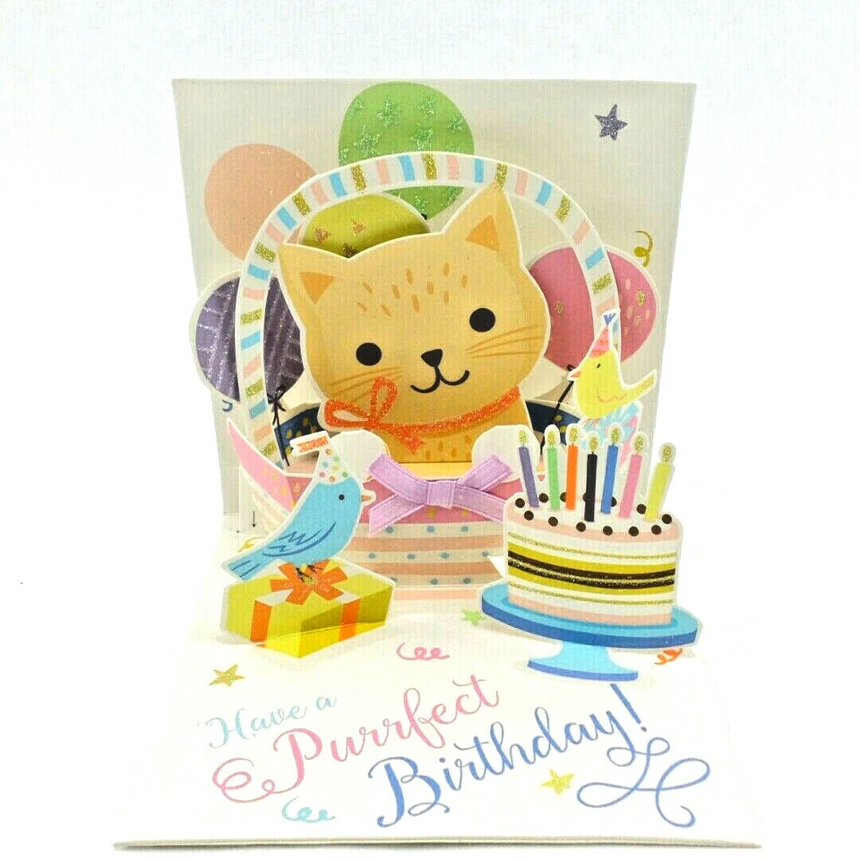 Kitten in Basket Happy Birthday Card 3D Pop Up Greeting Card Up With Paper - Image 1 of 4