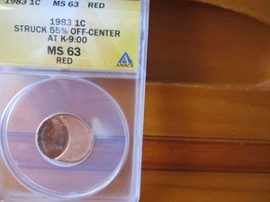 Error 1983-P ANACS MS 63 Red Struck 55 % Off-Center Lincoln Cent Old Holder - Picture 1 of 4