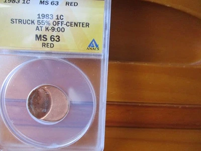 Error 1983-P ANACS MS 63 Red Struck 55 % Off-Center Lincoln Cent Old Holder - Image 1 of 4