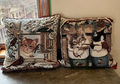 Cat Lover Tapestry 2 Pillows Set- Pillows 16x16 Bird Watching & Christmas - Image 1 of 4