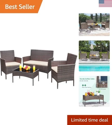 Elegant 4-Piece Outdoor Wicker Patio Conversation Set with Soft Cushions - Image 1 of 4