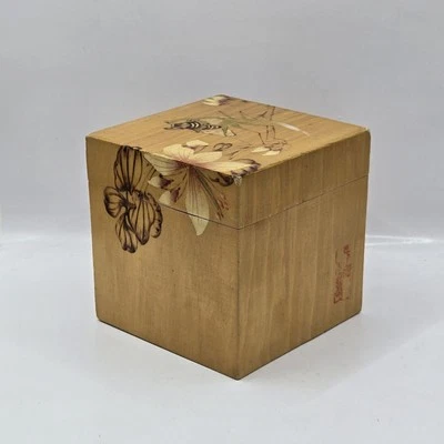 CAJA LACADA CHAPADA BAMBÚ CUADRADA CHINA VINTAGE CADDY ROSA PINTADA A MANO Foto 1 de 4