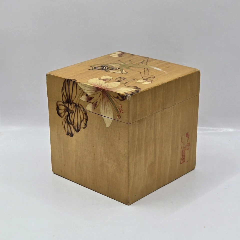 CAJA LACADA CHAPADA BAMBÚ CUADRADA CHINA VINTAGE CADDY ROSA PINTADA A MANO Foto 1 de 4