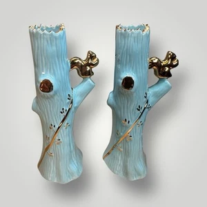 Vintage 1950s 22k Gold Trim Squirrel on Tree Trunk Blue Ceramic Bud Vase MCM 10” - Picture 1 of 13